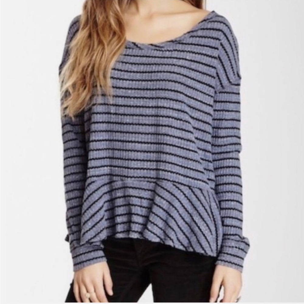 Free People We the Free Blue and Black Striped Peplum Top